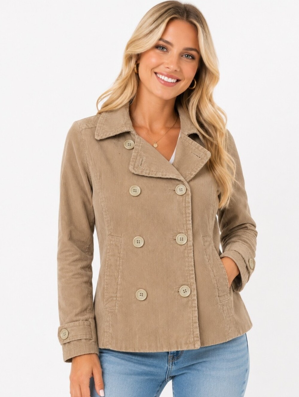 Womens GAP Double-Breasted Cotton Corduroy Pea Coat - Taupe (Size:M)